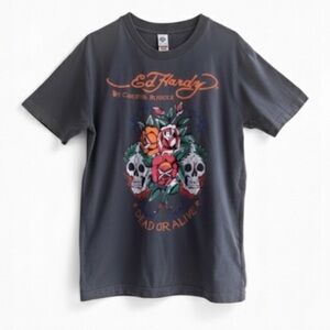 Ed Hardy Vintage Y2K Dead or Alive Skull Graphic Tee Gray USA Made Size XXL EUC!